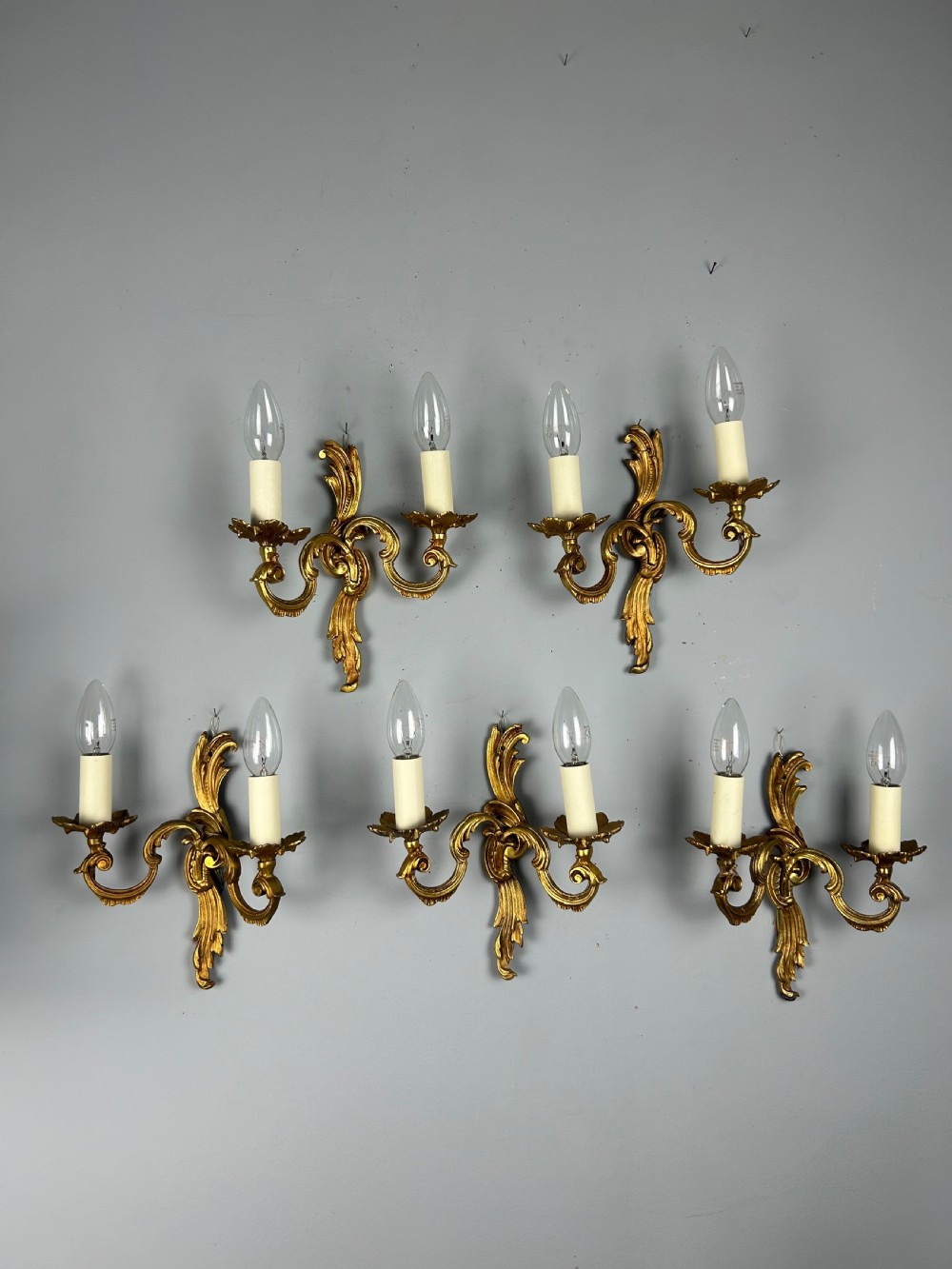 Set of 5 French Gilded Twin Arm Antique Wall Lights View IV