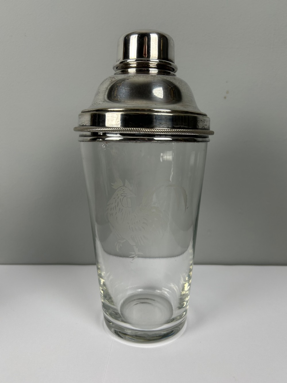 Jumbo 1 1/2 Pint James Dixon Art Deco Cockerel Glass Silver Plated Cocktail Shaker