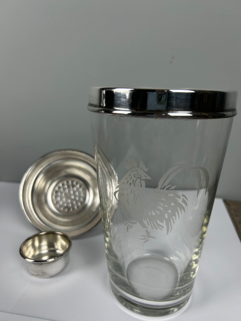 Jumbo 1 1/2 Pint James Dixon Art Deco Cockerel Glass Silver Plated Cocktail Shaker View II