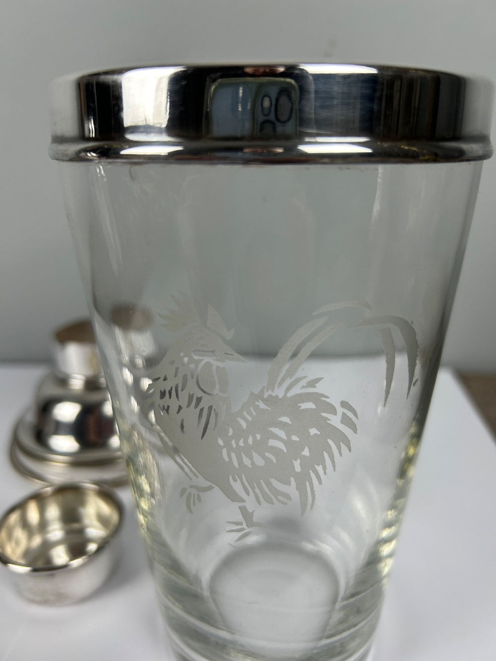 Jumbo 1 1/2 Pint James Dixon Art Deco Cockerel Glass Silver Plated Cocktail Shaker View IV