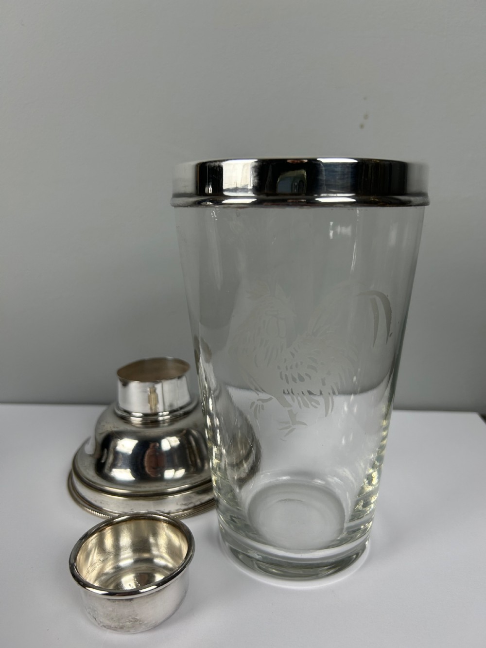 Jumbo 1 1/2 Pint James Dixon Art Deco Cockerel Glass Silver Plated Cocktail Shaker View V