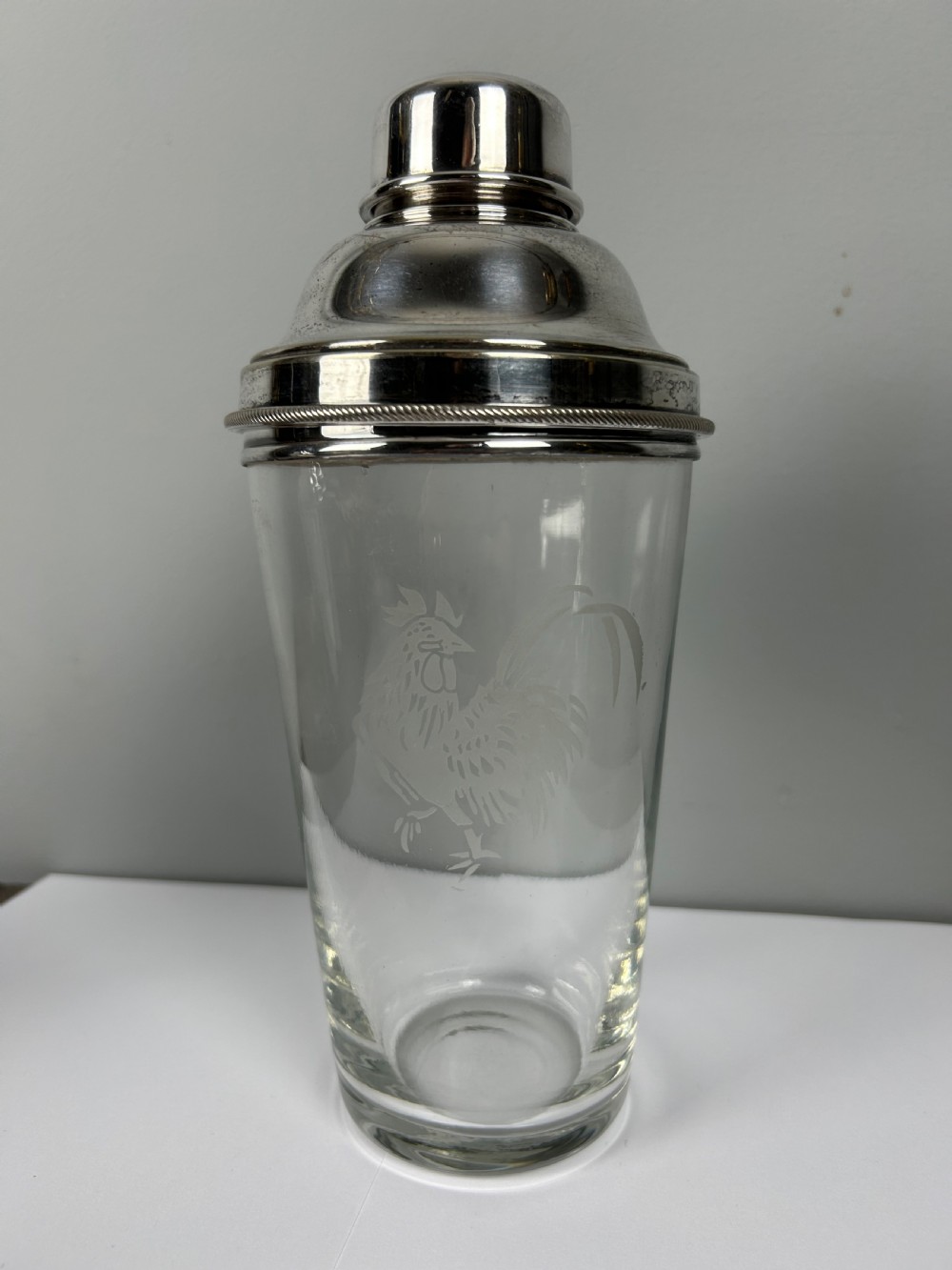 Jumbo 1 1/2 Pint James Dixon Art Deco Cockerel Glass Silver Plated Cocktail Shaker View VI