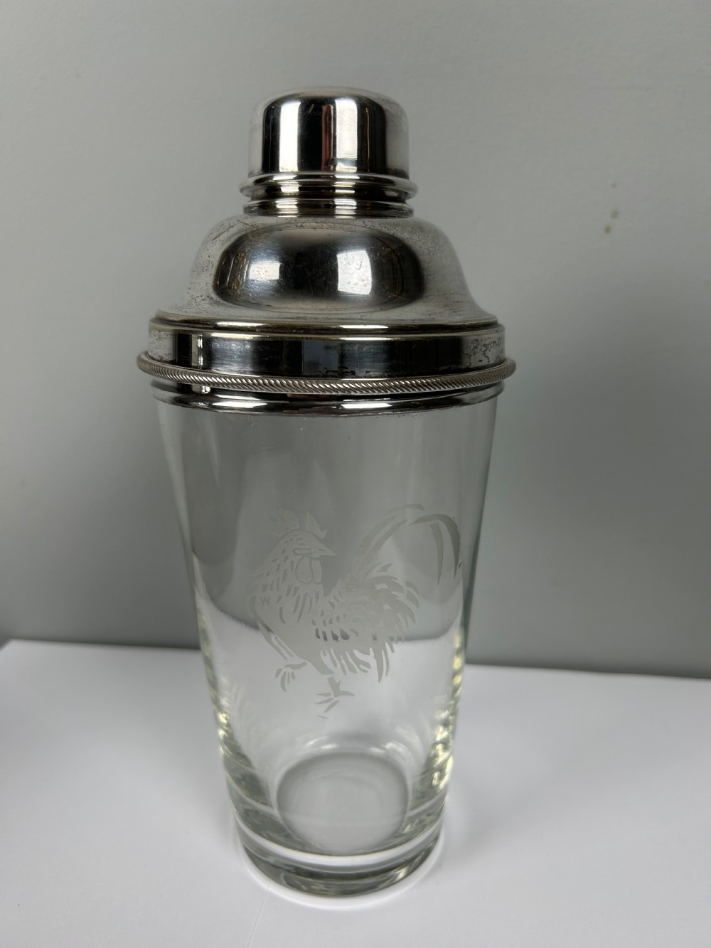 Jumbo 1 1/2 Pint James Dixon Art Deco Cockerel Glass Silver Plated Cocktail Shaker View VII