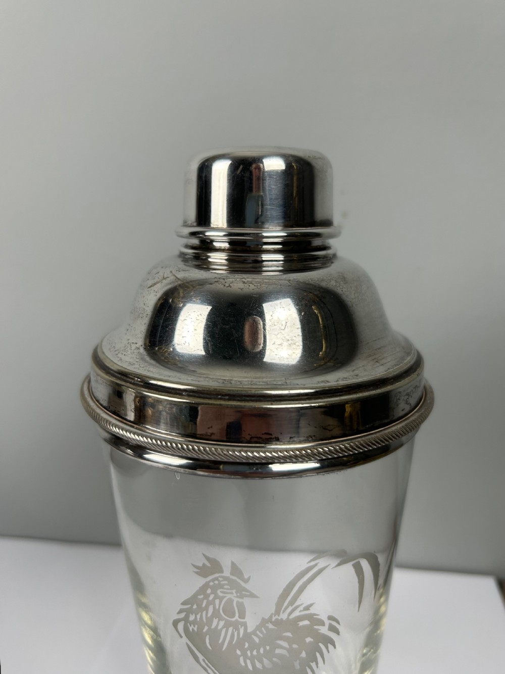 Jumbo 1 1/2 Pint James Dixon Art Deco Cockerel Glass Silver Plated Cocktail Shaker View VIII