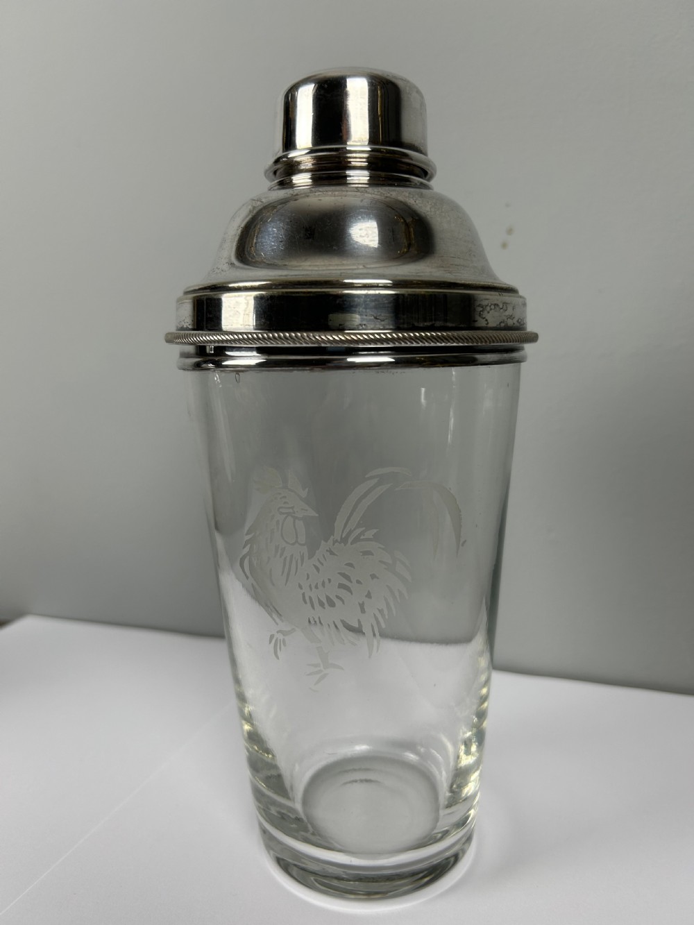 Jumbo 1 1/2 Pint James Dixon Art Deco Cockerel Glass Silver Plated Cocktail Shaker View X