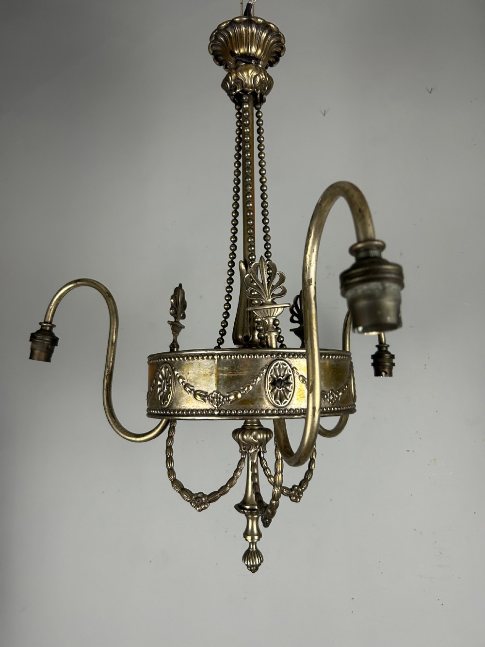 Antique Edwardian Three Arm Distressed Silver Plated Ceiling Light Chandelier 