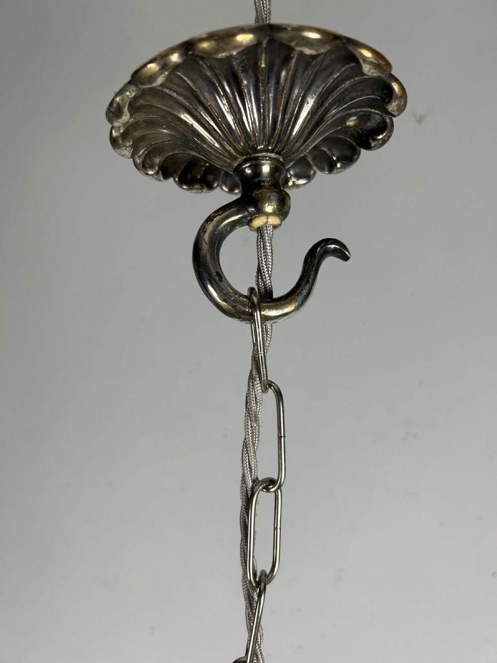 Antique Edwardian Three Arm Distressed Silver Plated Ceiling Light Chandelier  View II