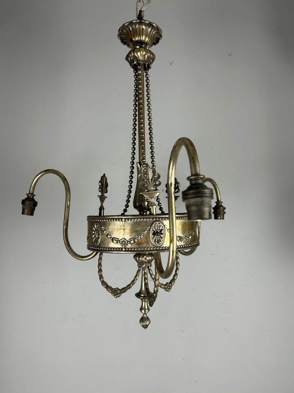Antique Edwardian Three Arm Distressed Silver Plated Ceiling Light Chandelier  View III