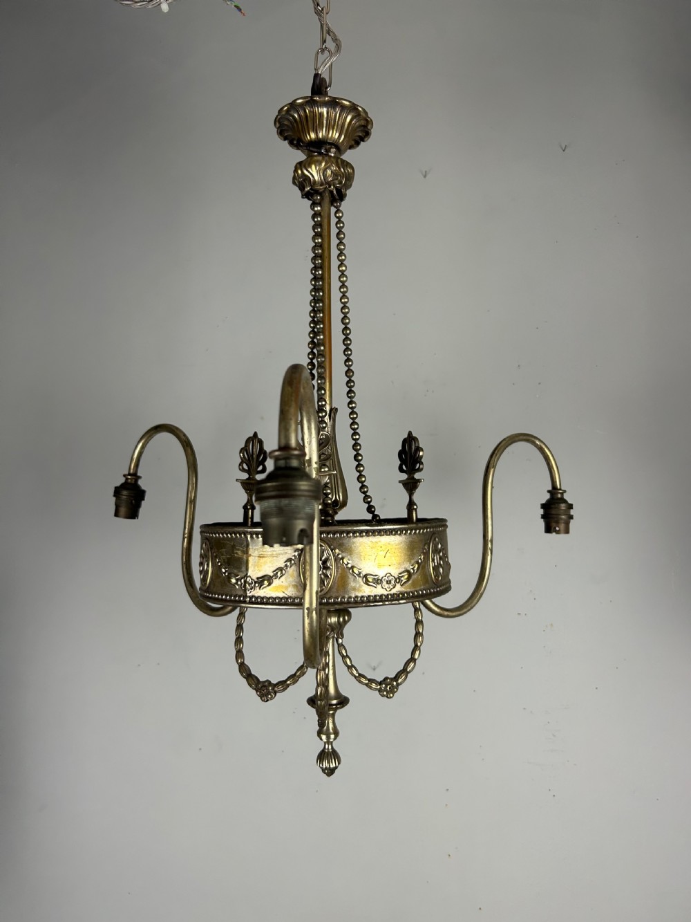 Antique Edwardian Three Arm Distressed Silver Plated Ceiling Light Chandelier  View IV