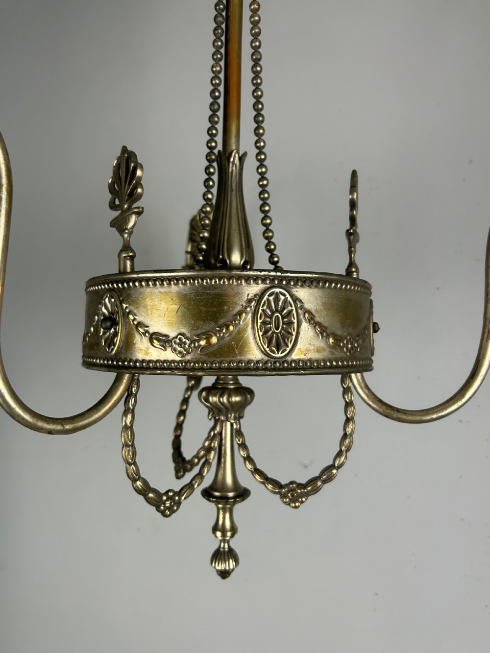 Antique Edwardian Three Arm Distressed Silver Plated Ceiling Light Chandelier  View V
