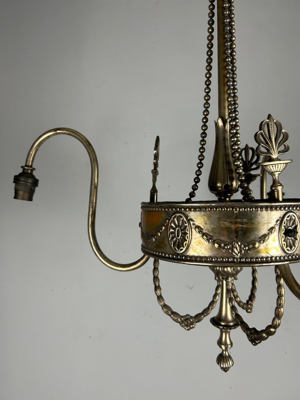 Antique Edwardian Three Arm Distressed Silver Plated Ceiling Light Chandelier  View VI
