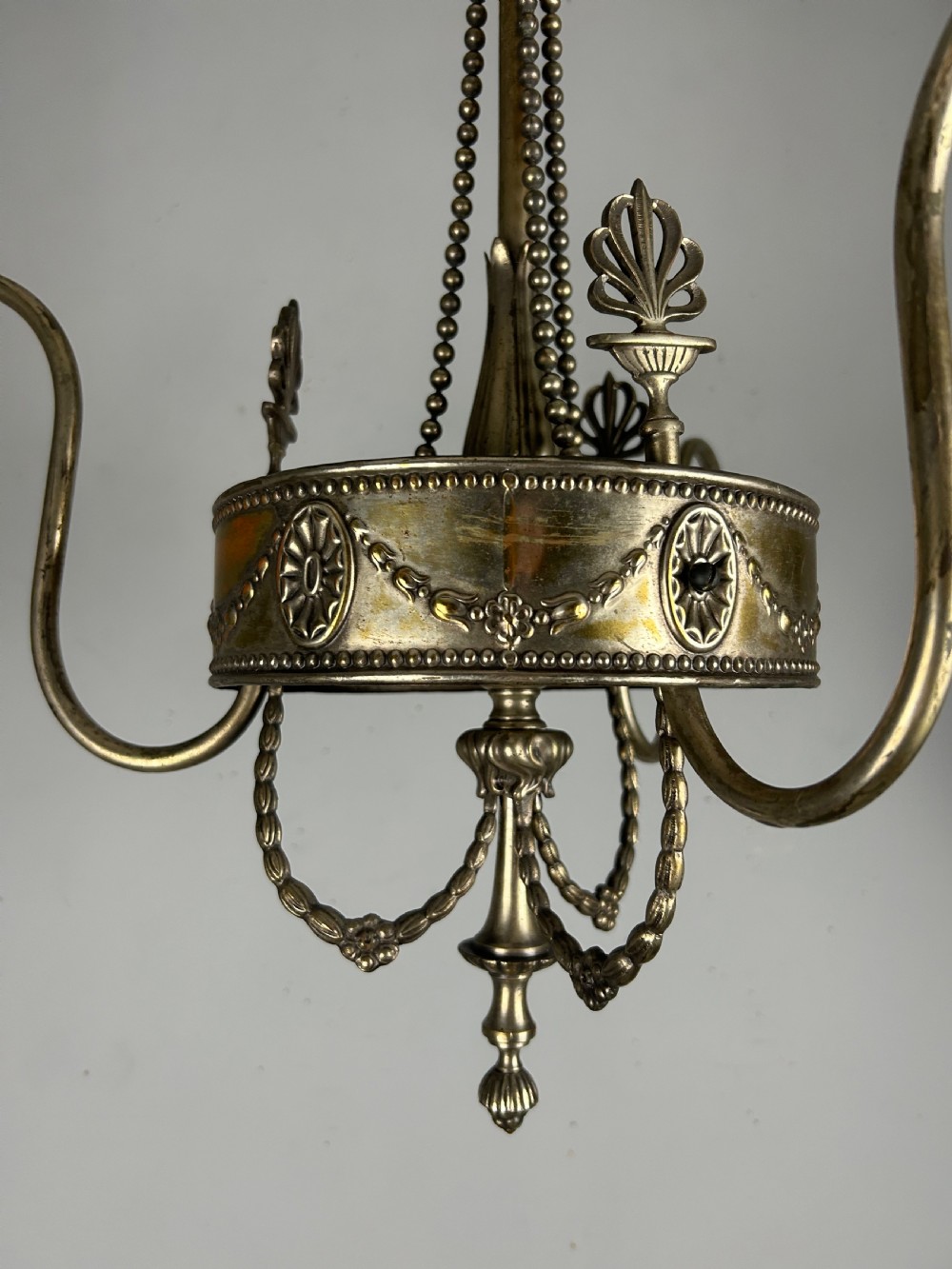 Antique Edwardian Three Arm Distressed Silver Plated Ceiling Light Chandelier  View VII