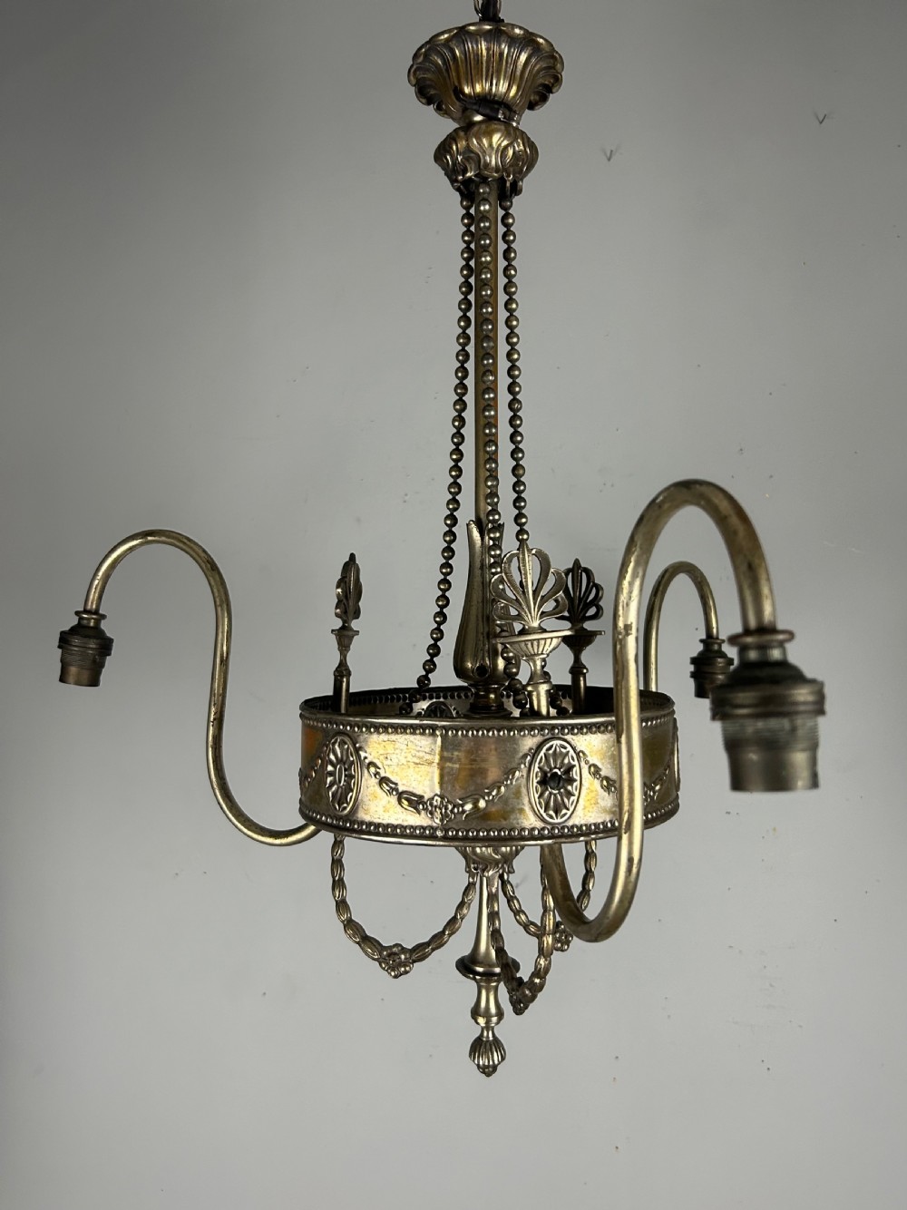 Antique Edwardian Three Arm Distressed Silver Plated Ceiling Light Chandelier  View VIII