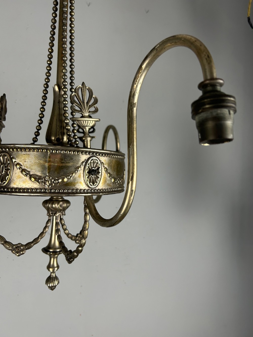 Antique Edwardian Three Arm Distressed Silver Plated Ceiling Light Chandelier  View IX