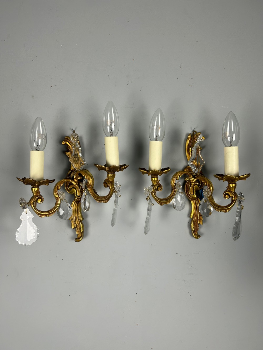 Pair of French Gilded Twin Arm Antique Wall Lights With Crystals