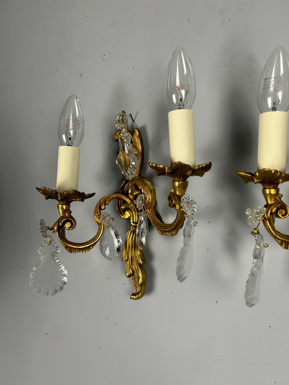 Pair of French Gilded Twin Arm Antique Wall Lights With Crystals View II