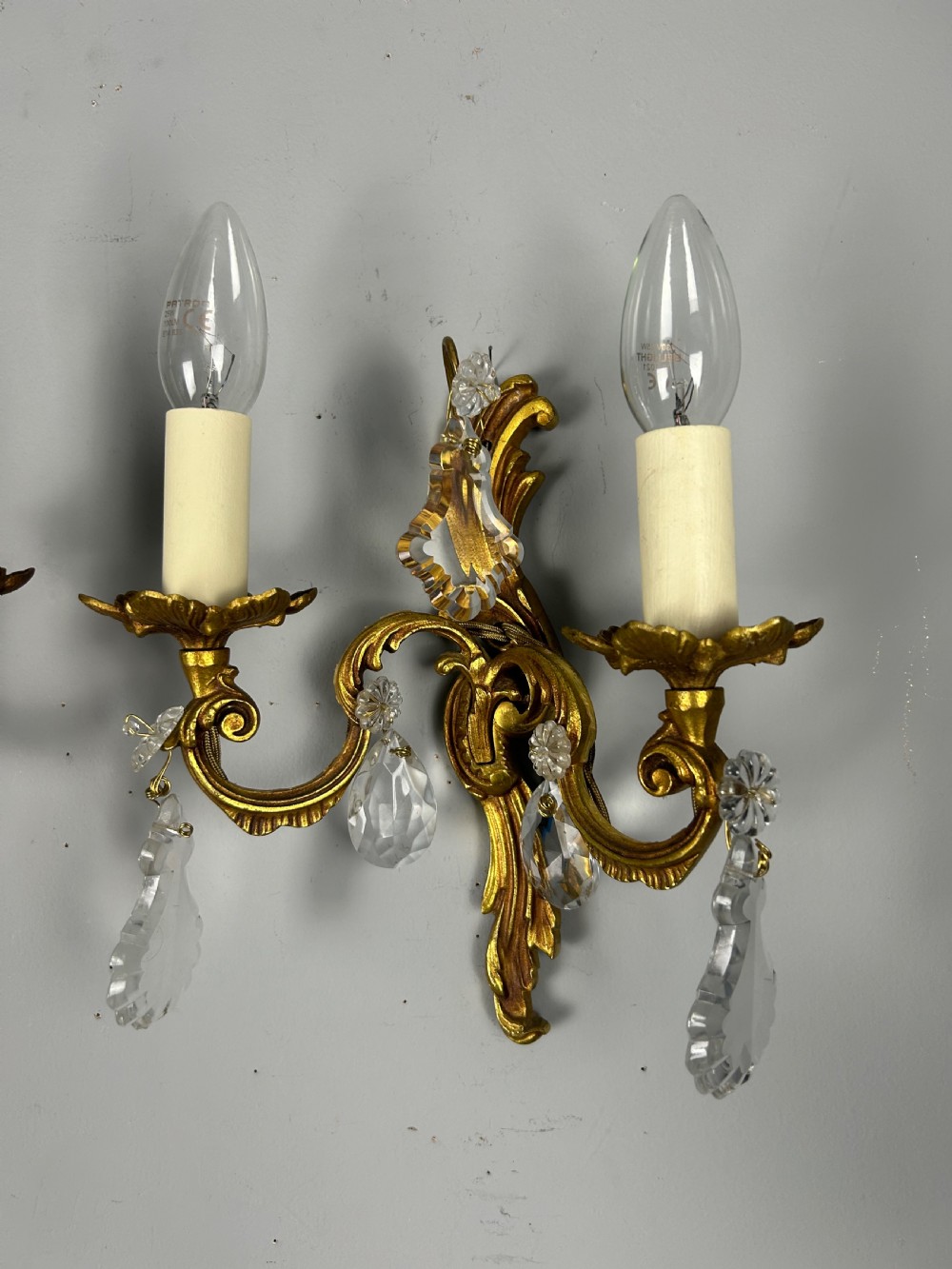 Pair of French Gilded Twin Arm Antique Wall Lights With Crystals View III