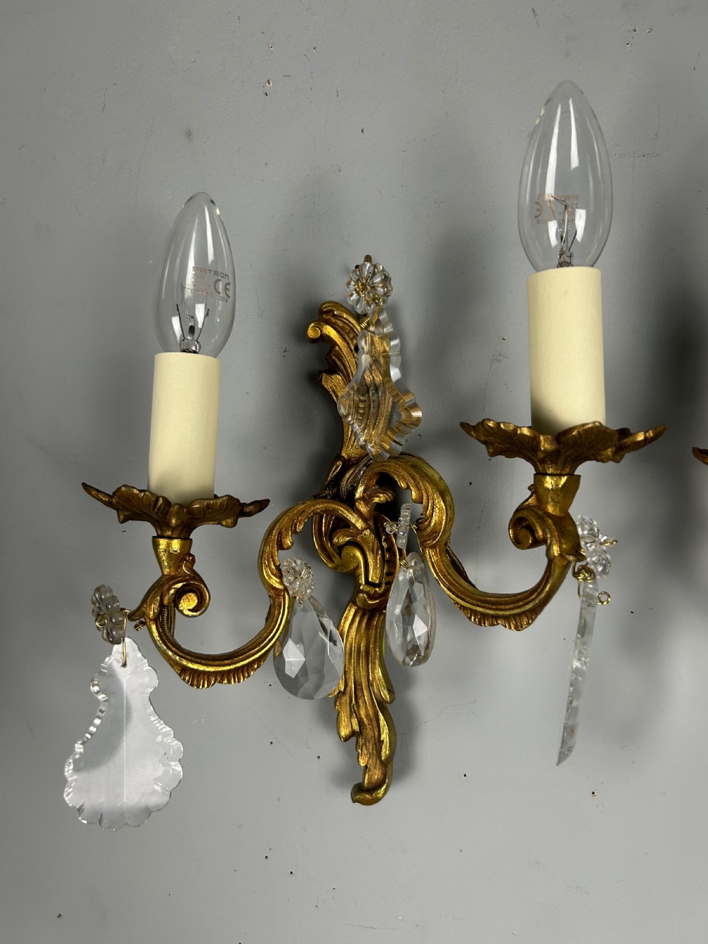 Pair of French Gilded Twin Arm Antique Wall Lights With Crystals View IV