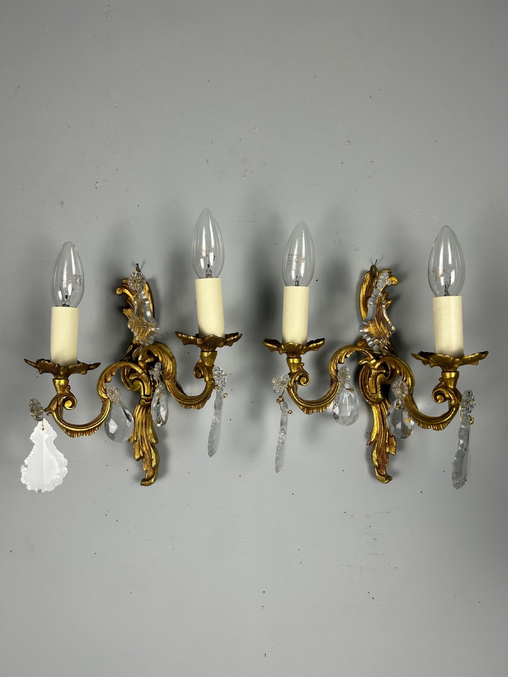 Pair of French Gilded Twin Arm Antique Wall Lights With Crystals View V