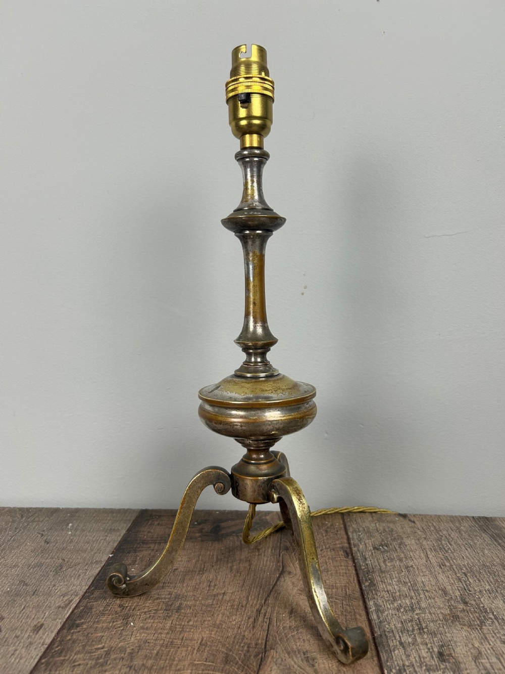 Quality Distressed Silver Plated Brass Tripod Lamp View VIII