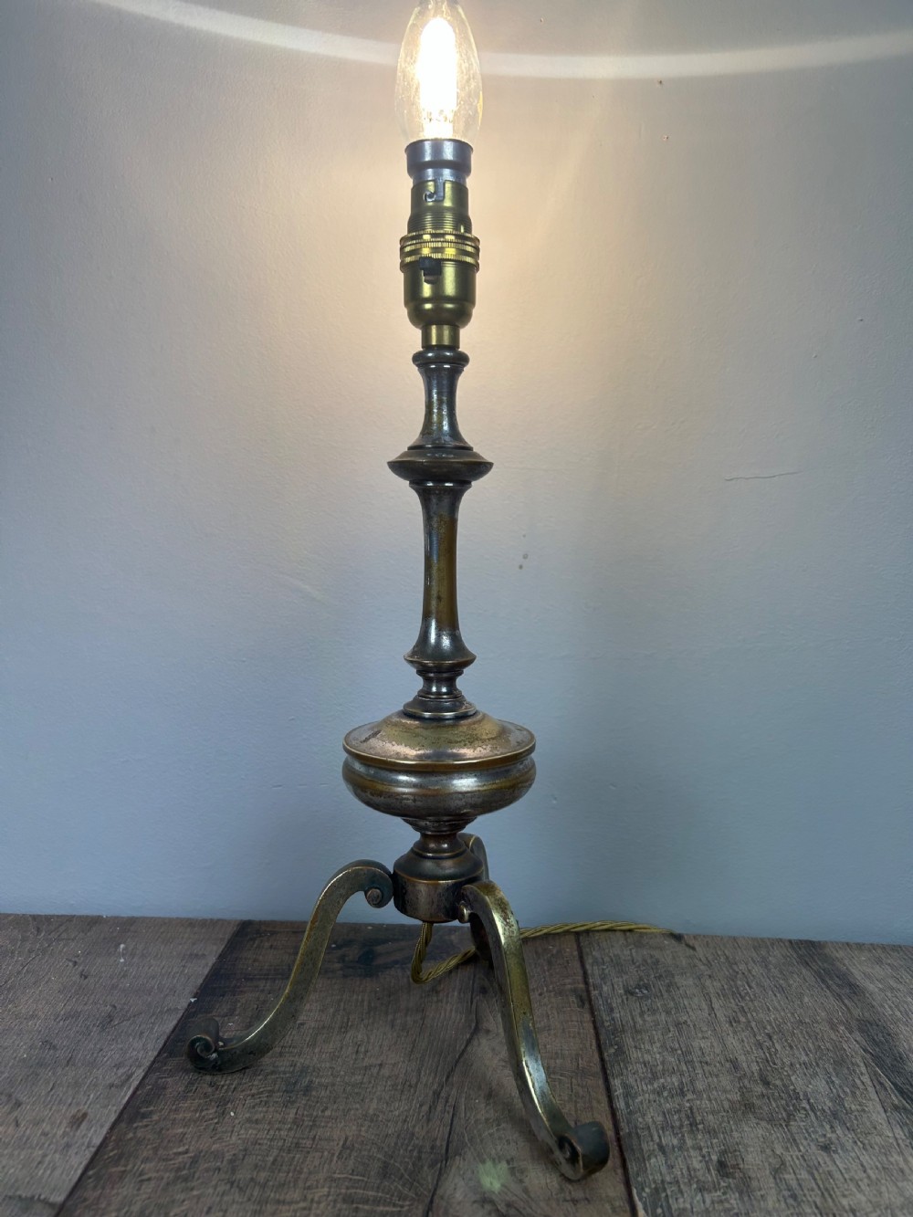 Quality Distressed Silver Plated Brass Tripod Lamp View IX
