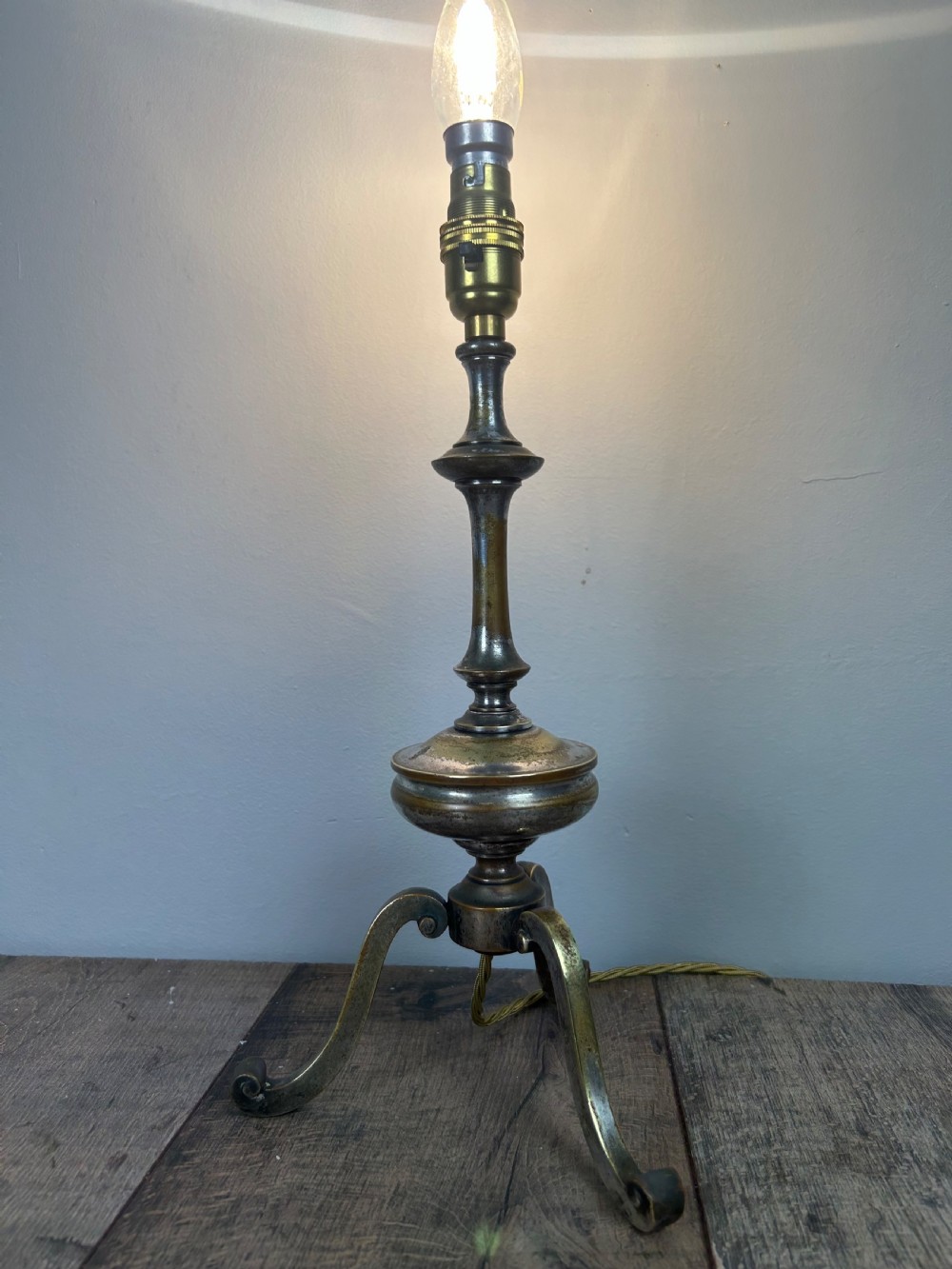 Quality Distressed Silver Plated Brass Tripod Lamp View XII