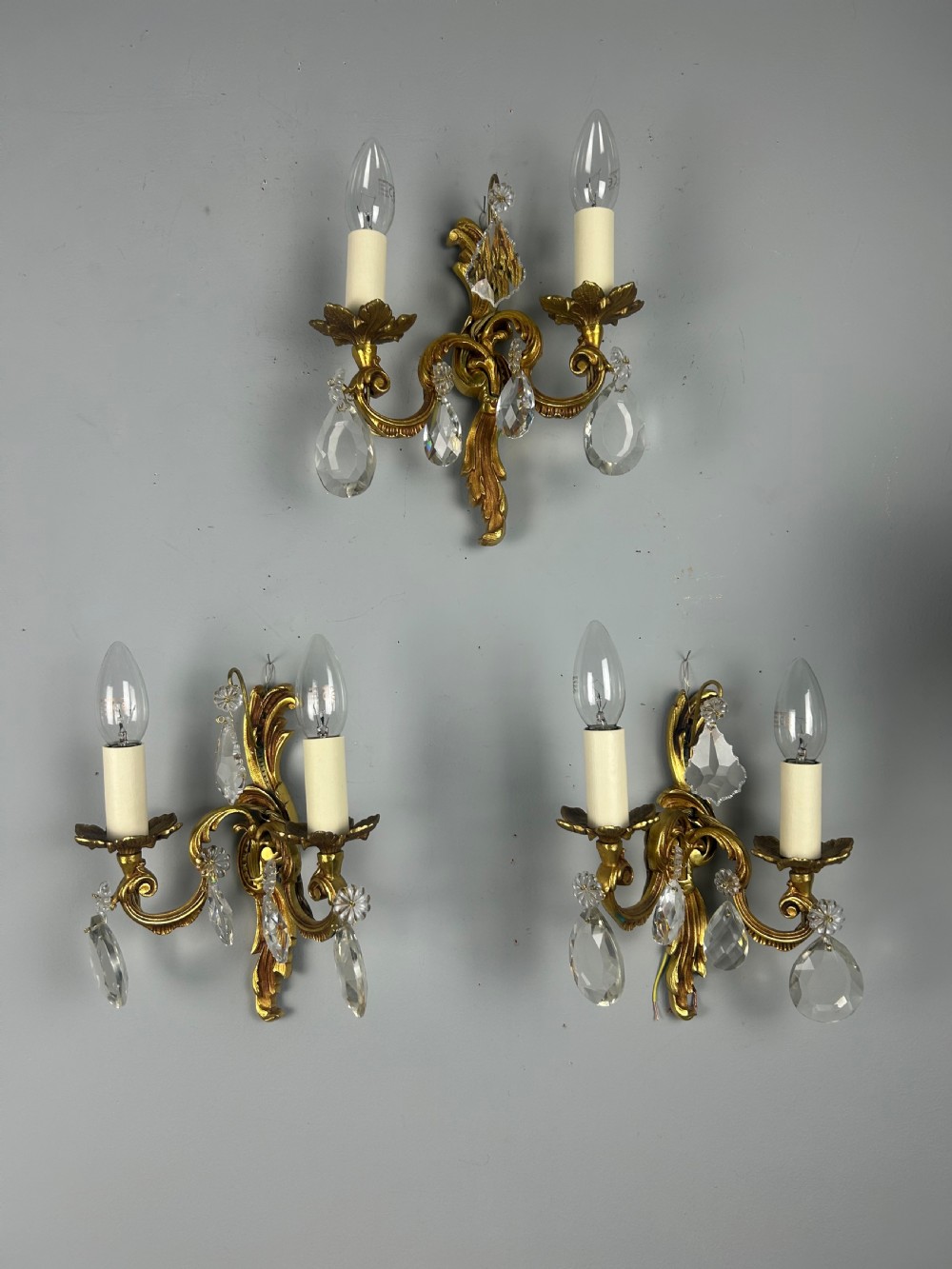 Set of 3 French Gilded Twin Arm Antique Wall Lights With Crystals