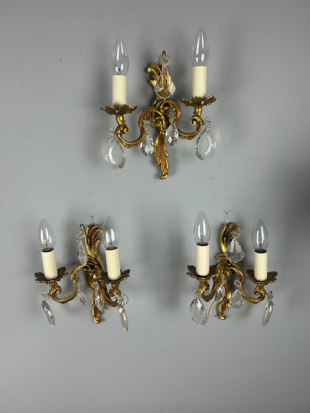 Set of 3 French Gilded Twin Arm Antique Wall Lights With Crystals View II