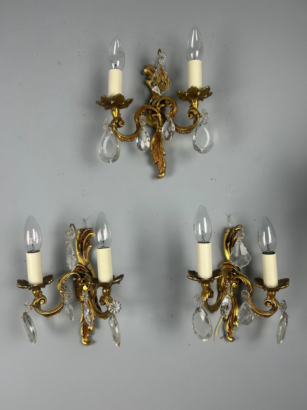 Set of 3 French Gilded Twin Arm Antique Wall Lights With Crystals View III