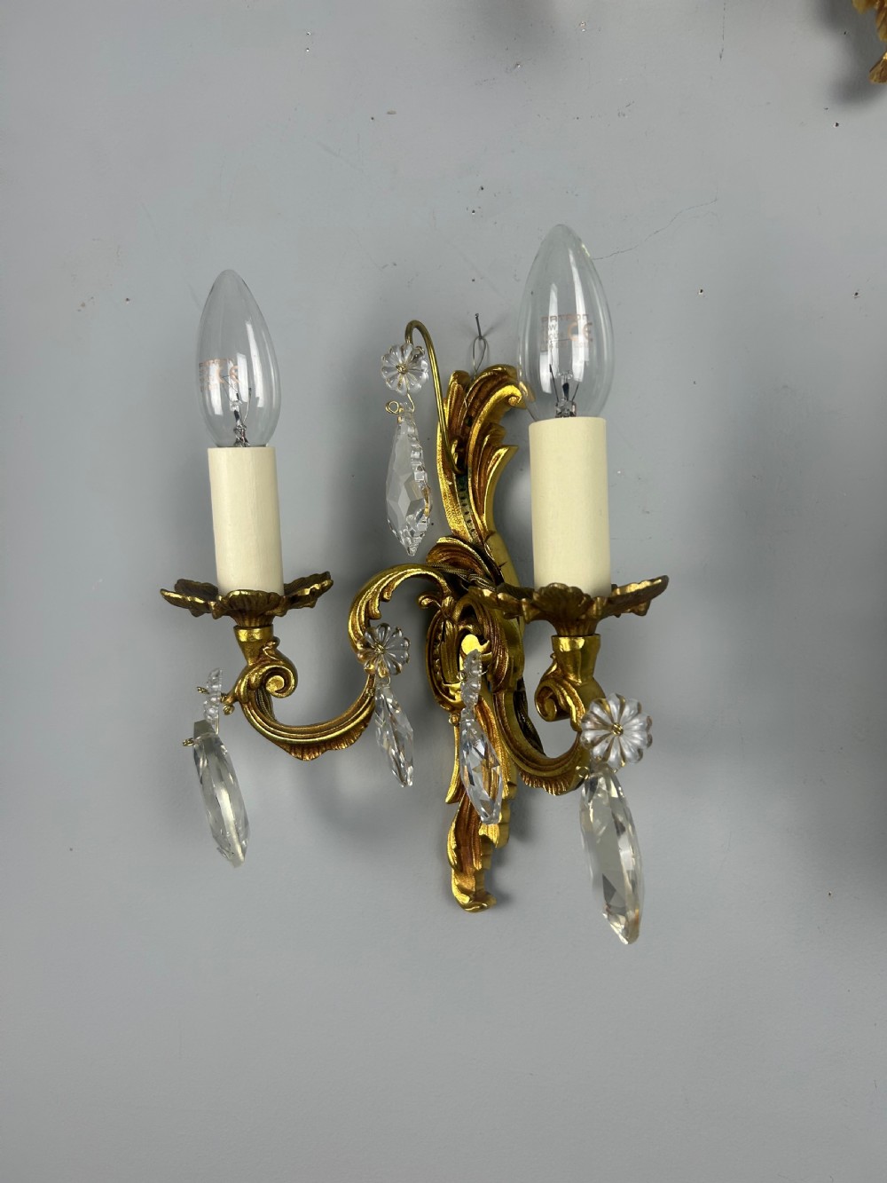 Set of 3 French Gilded Twin Arm Antique Wall Lights With Crystals View IV