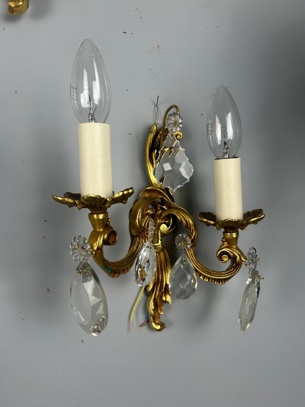 Set of 3 French Gilded Twin Arm Antique Wall Lights With Crystals View V