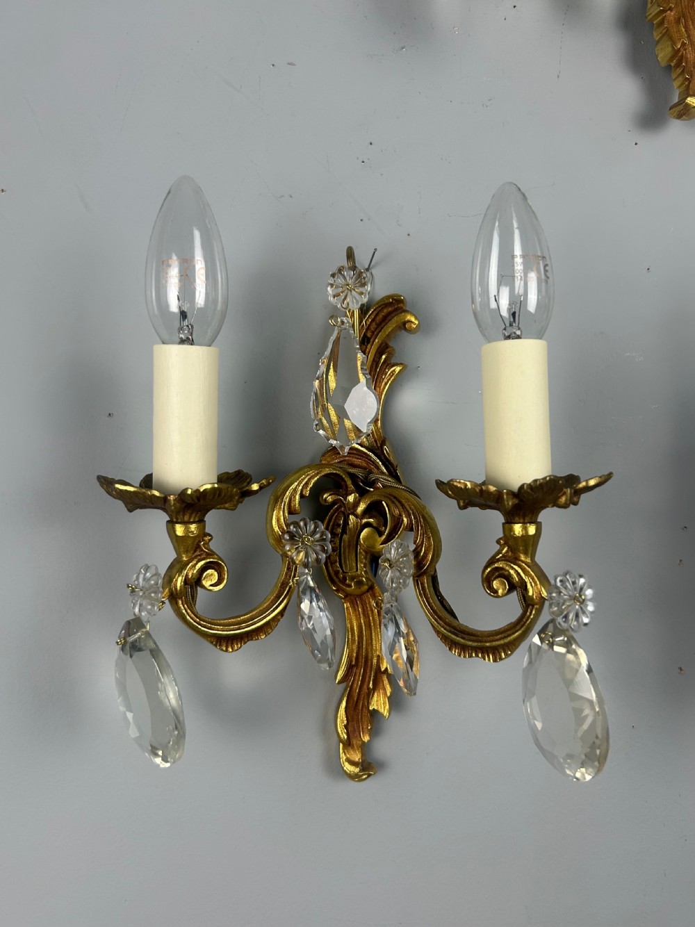 Set of 3 French Gilded Twin Arm Antique Wall Lights With Crystals View VI