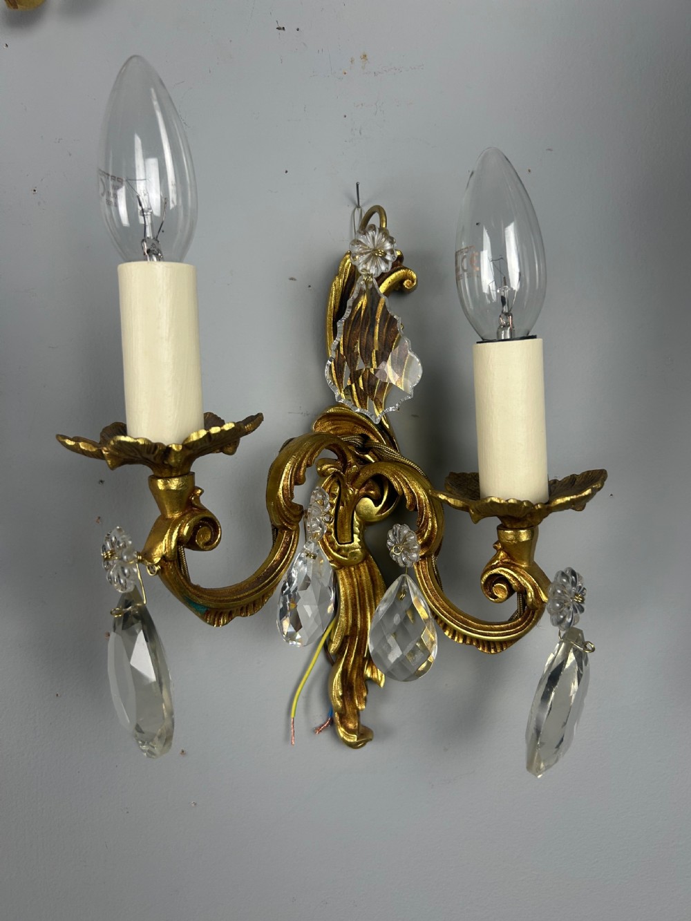 Set of 3 French Gilded Twin Arm Antique Wall Lights With Crystals View VII