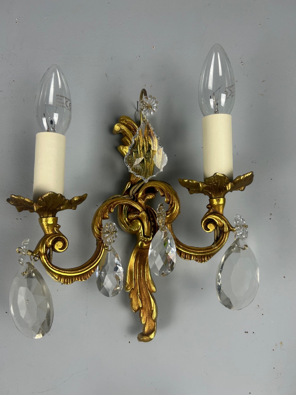Set of 3 French Gilded Twin Arm Antique Wall Lights With Crystals View VIII
