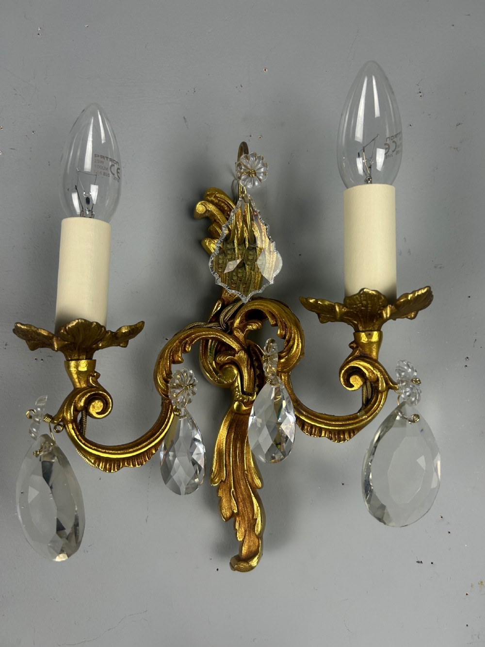 Set of 3 French Gilded Twin Arm Antique Wall Lights With Crystals View IX