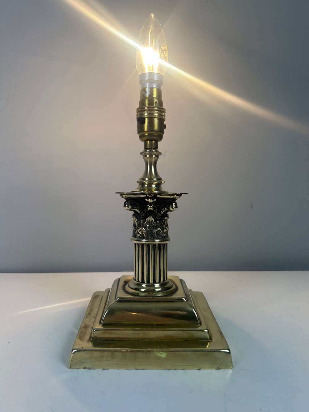 Stubby Victorian Brass Corinthian Column Table Lamp View II