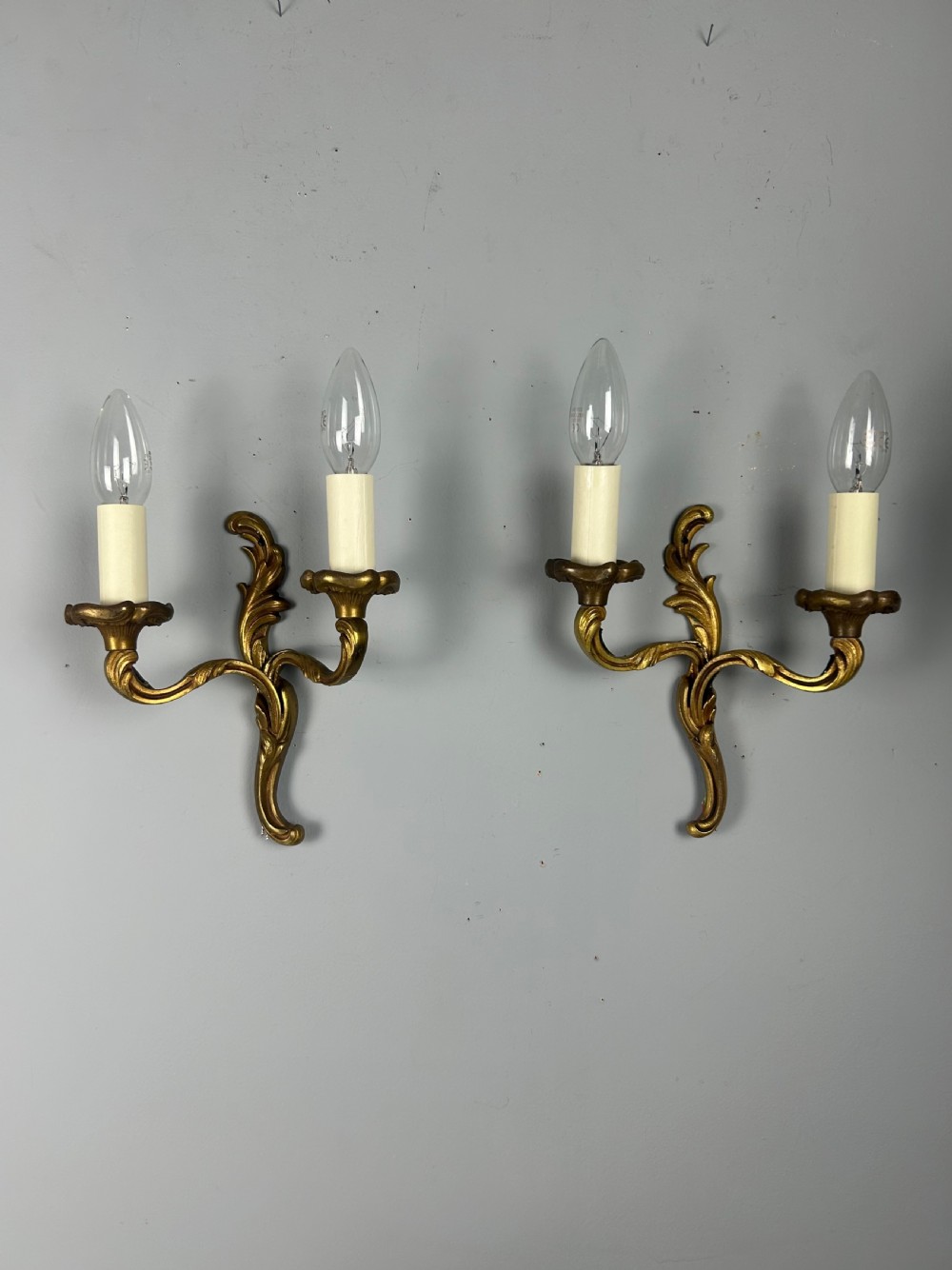 Small Pair of French Gilt Brass Antique Wall Lights, Rewired