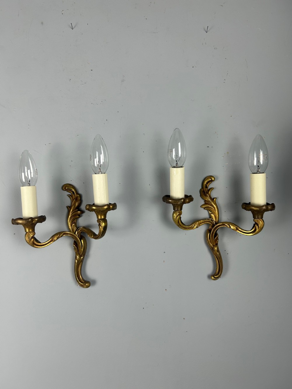 Small Pair of French Gilt Brass Antique Wall Lights, Rewired View II