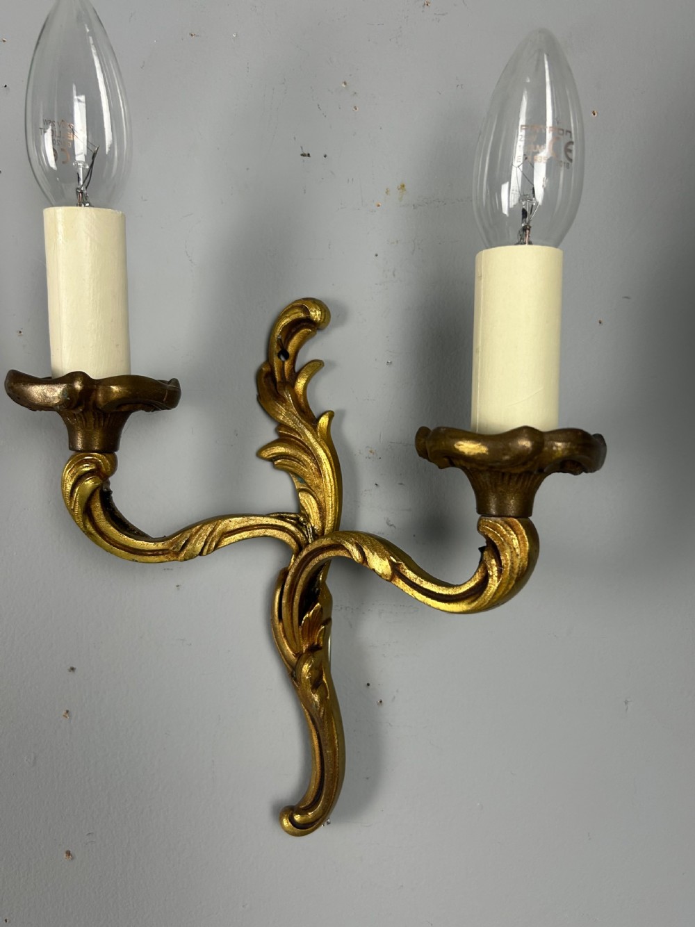 Small Pair of French Gilt Brass Antique Wall Lights, Rewired View IV