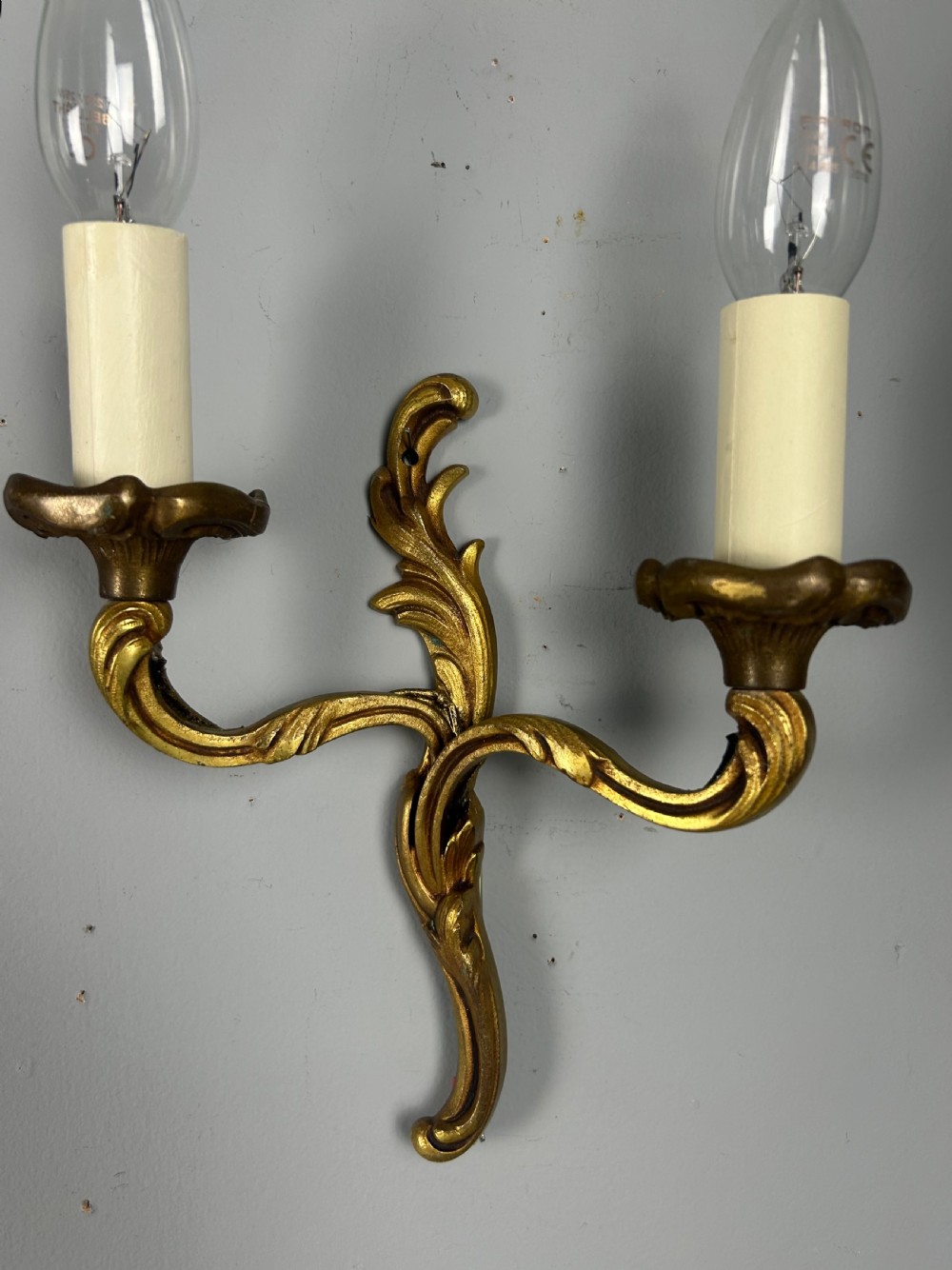 Small Pair of French Gilt Brass Antique Wall Lights, Rewired View V