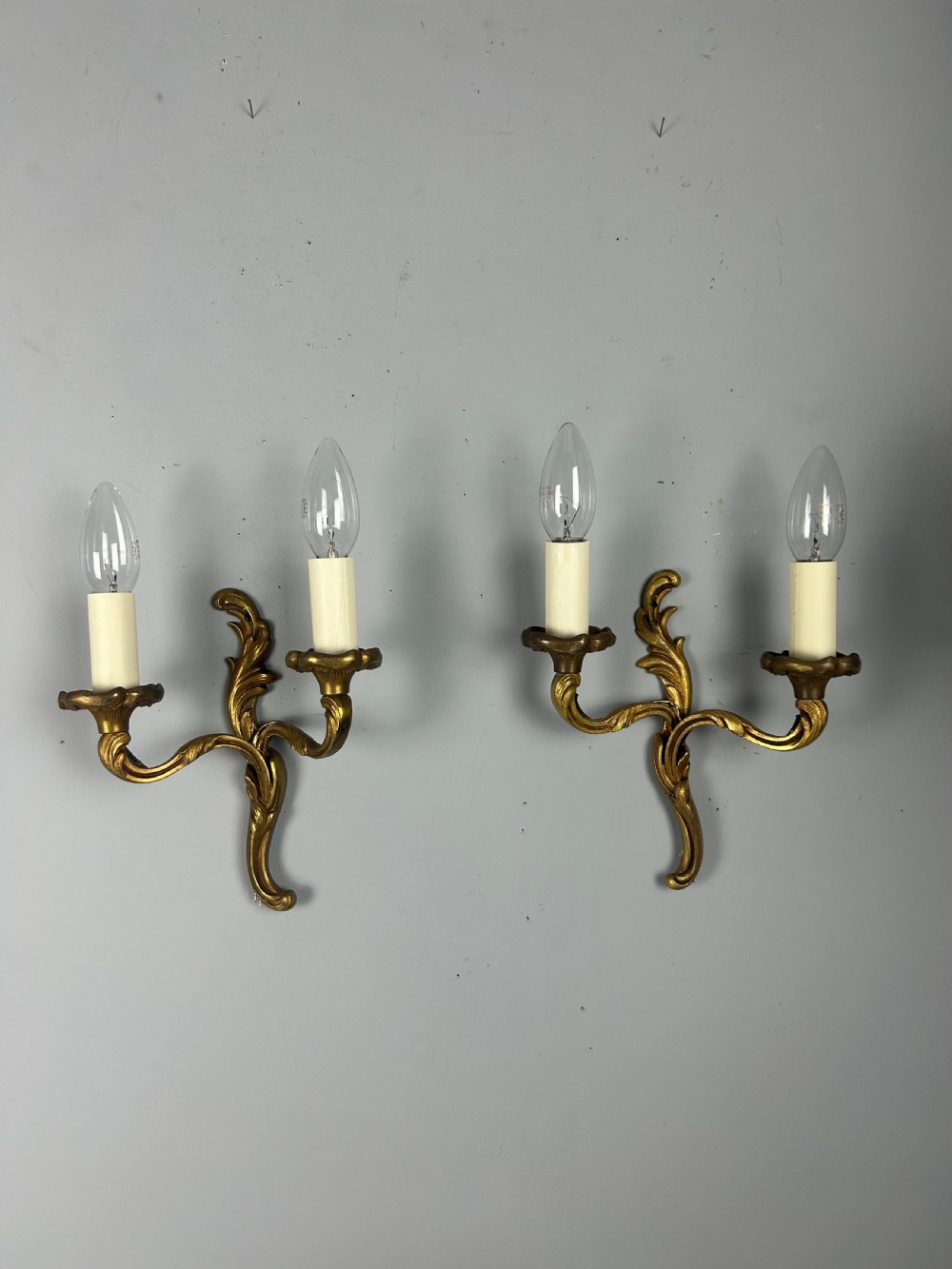 Small Pair of French Gilt Brass Antique Wall Lights, Rewired View VI