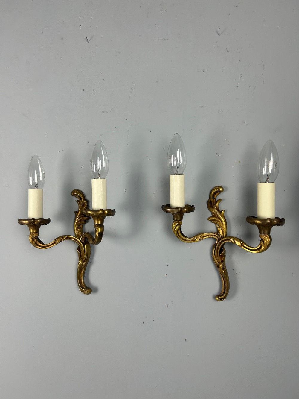 Small Pair of French Gilt Brass Antique Wall Lights, Rewired View VII