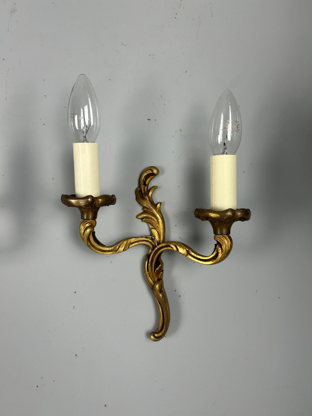 Small Pair of French Gilt Brass Antique Wall Lights, Rewired View VIII