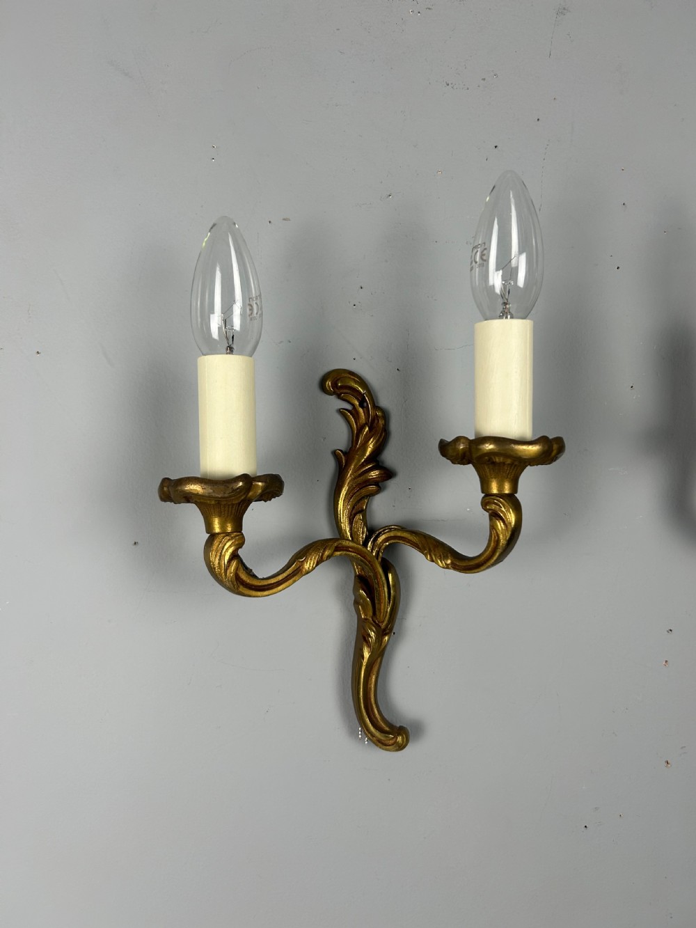 Small Pair of French Gilt Brass Antique Wall Lights, Rewired View IX
