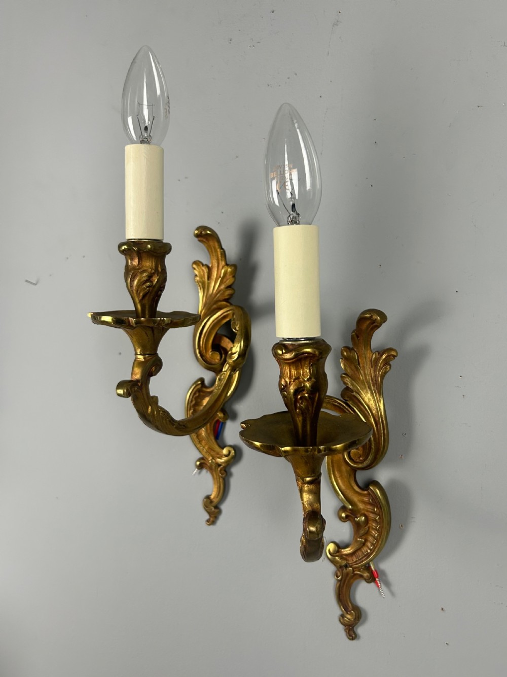 French Pair Of Large Single Arm Antique Gilt Brass Wall Lights