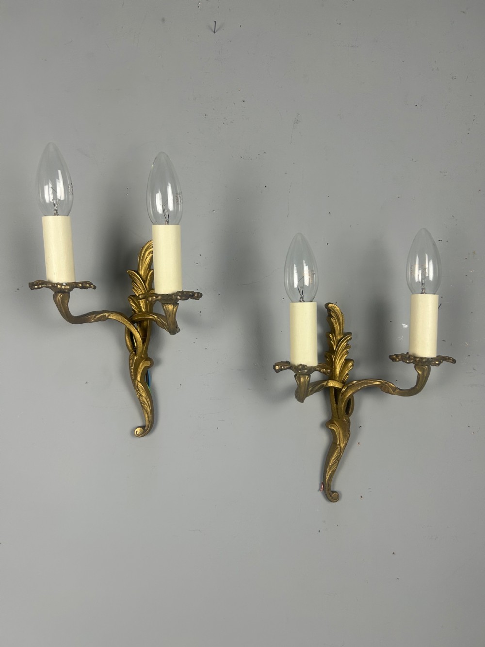 Small Pair Of French Gilt Brass Antique Wall Lights, Rewired