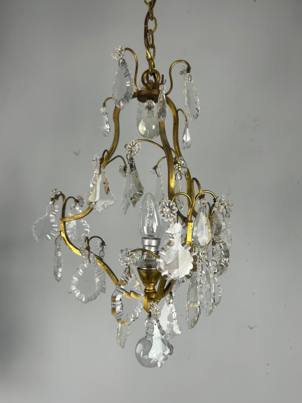 French Single Light Gilt Brass Crystal Antique Chandelier, Ceiling Light