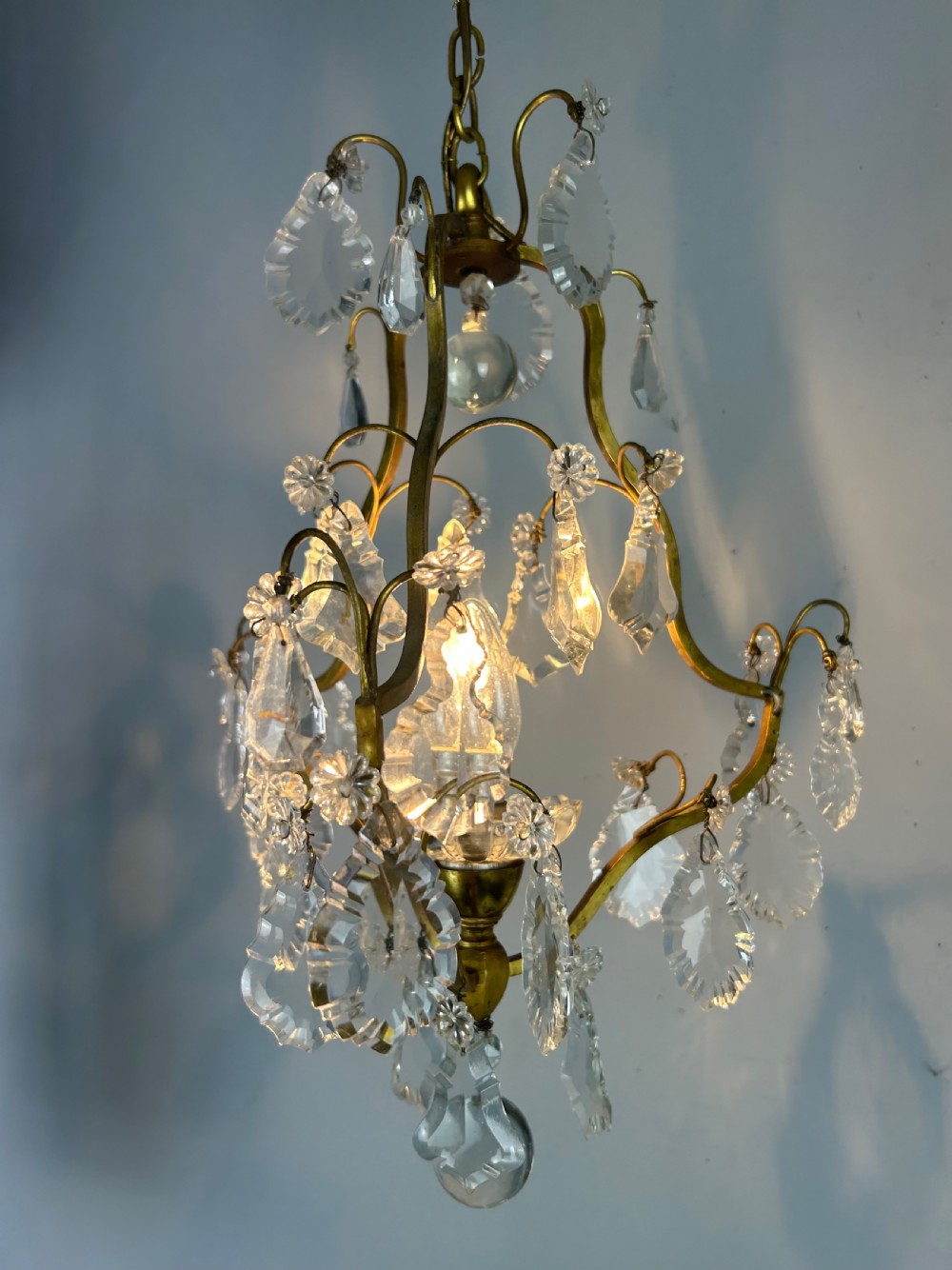 French Single Light Gilt Brass Crystal Antique Chandelier, Ceiling Light View II
