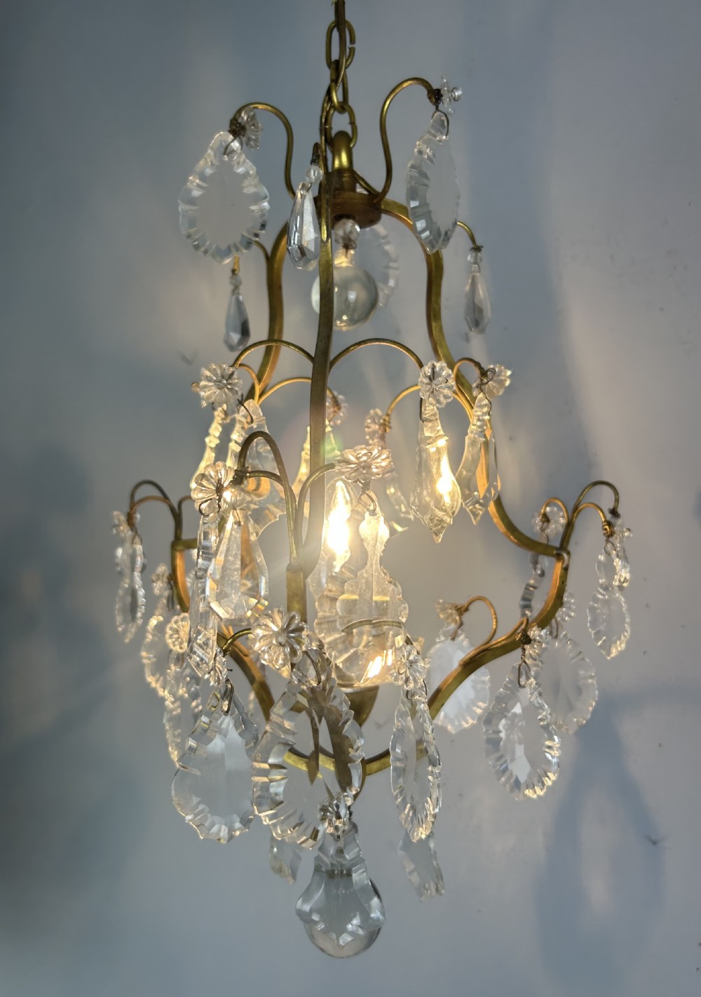 French Single Light Gilt Brass Crystal Antique Chandelier, Ceiling Light View III
