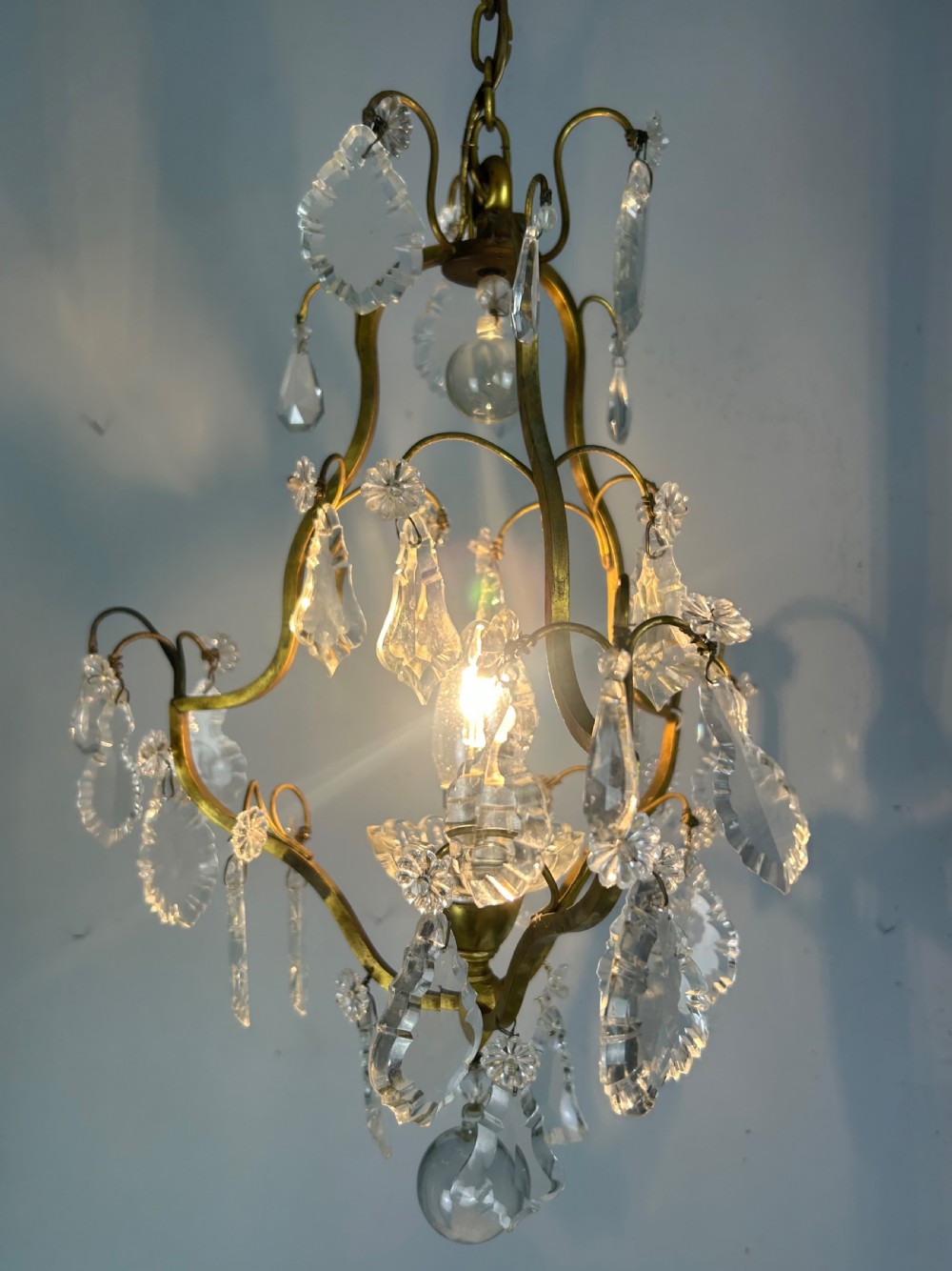 French Single Light Gilt Brass Crystal Antique Chandelier, Ceiling Light View IV